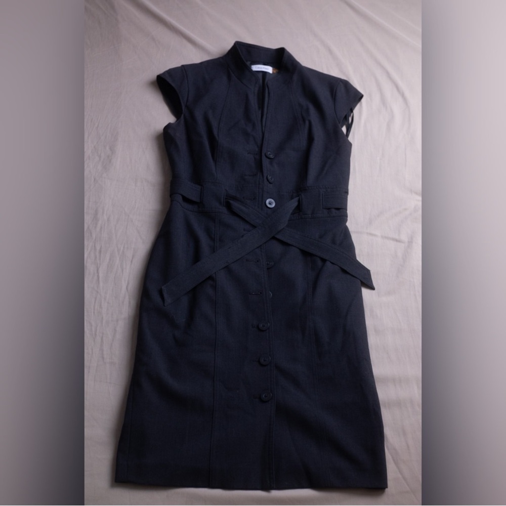Calvin Klein Dark Grey Midi Sheath Dress with Notched Collar